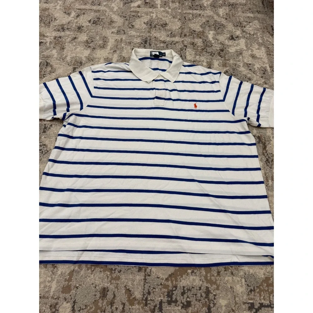 Polo Ralph Lauren Mens 4XB Big & Tall Striped Pique Polo Shirt White Navy Blue